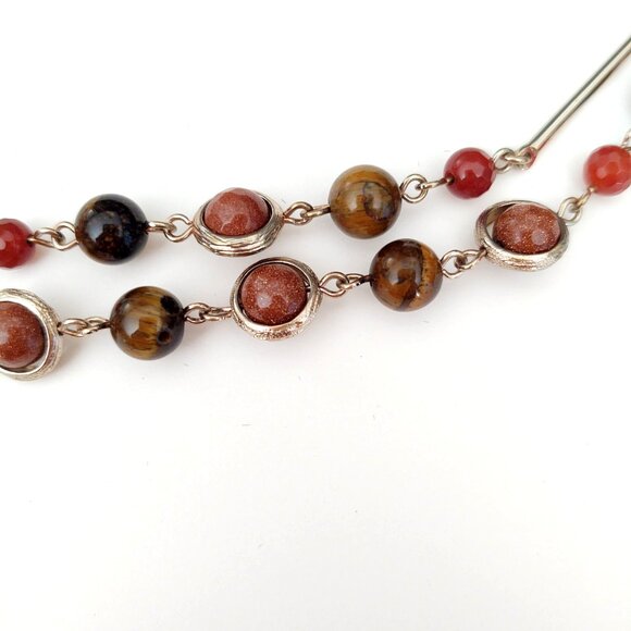 Long tiger's eye, orange glass and rust sparkle beaded 2 strand necklace - Picture 13 of 15